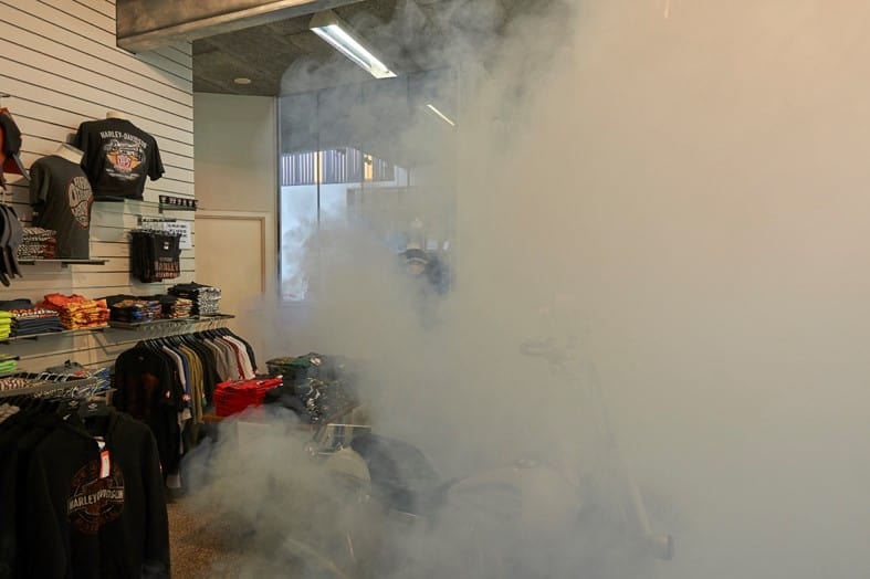 Security fog hides expensive Harley-Davidson jackets